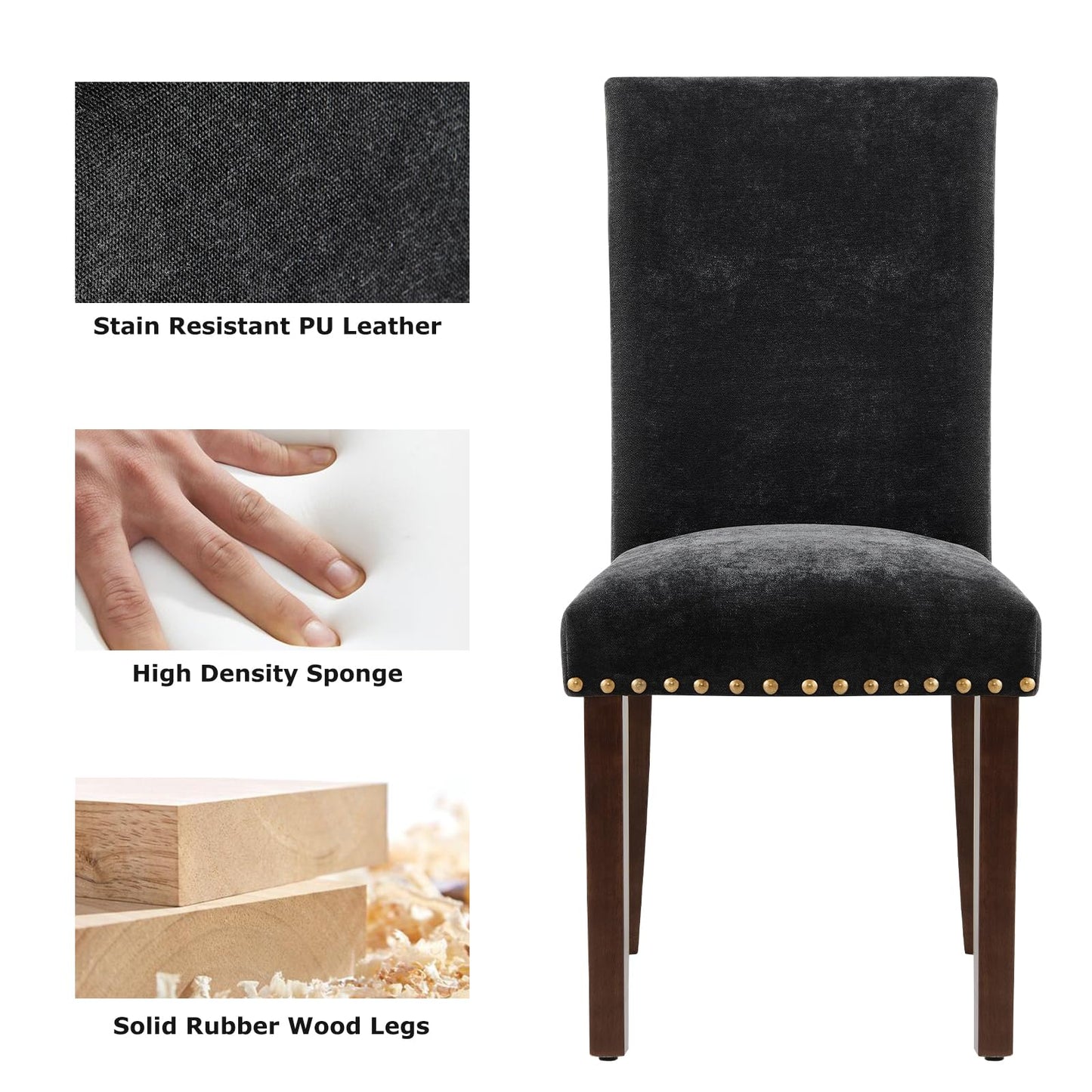 COLAMY Upholstered Parsons Dining Chairs Set of 4, Fabric Dining Room Kitchen Side Chair with Nailhead Trim and Wood Legs - F-Black