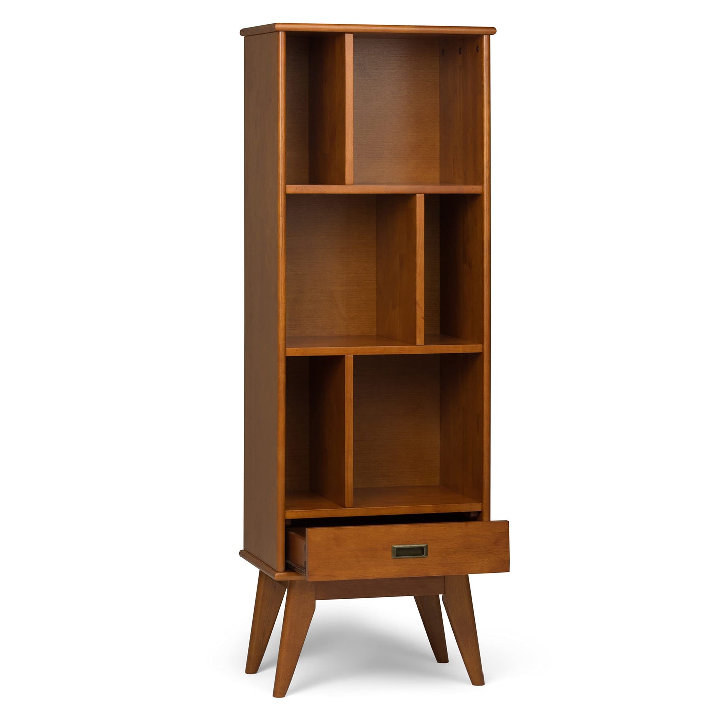 SIMPLIHOME Draper Bookcase - 64 inch Tall Solid Wood Storage Bookshelf in Teak Brown, Mid-Century Modern Storage for Living Room, Study Room or Office with Adjustable Shelves and Angled Legs