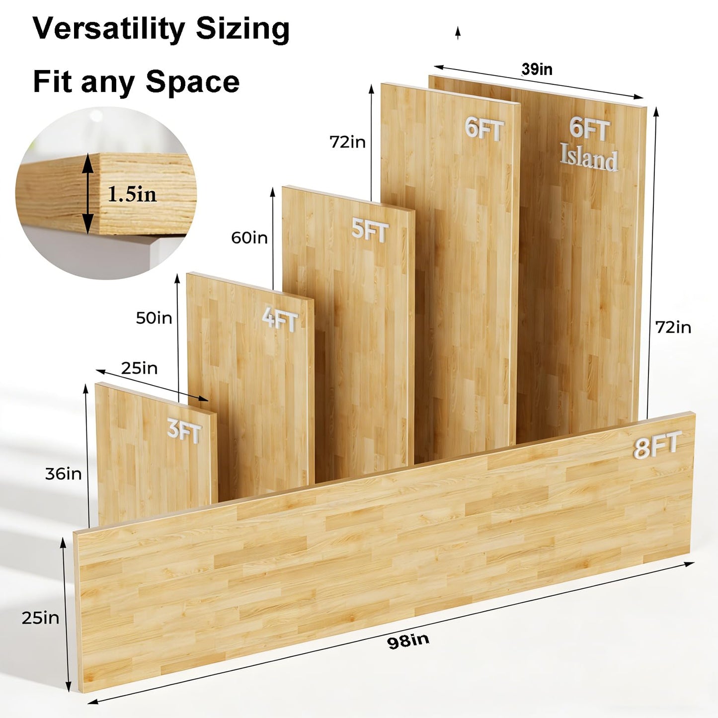 6ft Butcher Block Countertop–72" x 25" Solid Birch Wood DIY Countertop, Durable Counter Table Tops for Kitchen Island, Bar, Workshop, Laundry Counters Dining Room Tables 1.5" Thick Unfinished