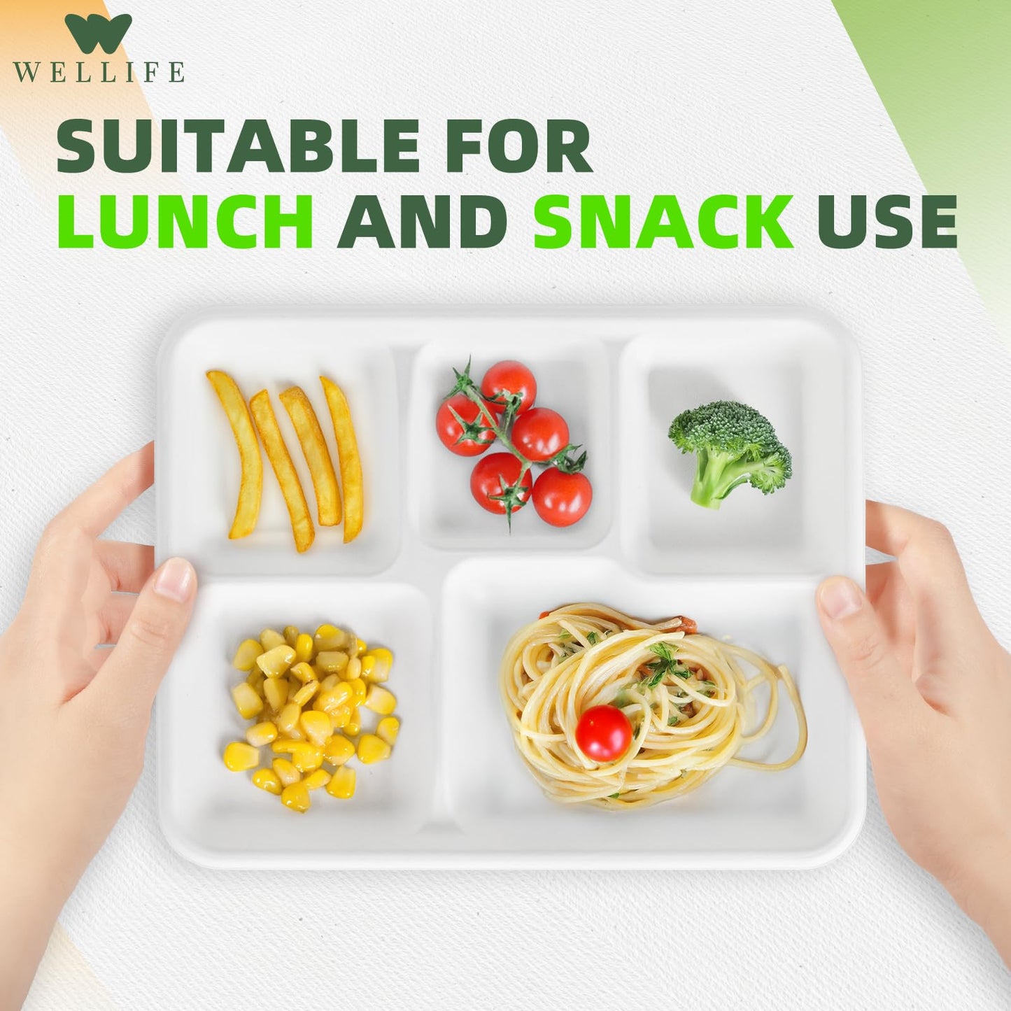 WELLIFE 125 Pack Kids Small 5-Compartment Paper Plates, 10.25x8.25 Inch 100% Compostable Divided Plates, Disposable School Lunch Trays, Eco-Friendly Bagasse Plate for Boys Girls and Youth (BPA Free)