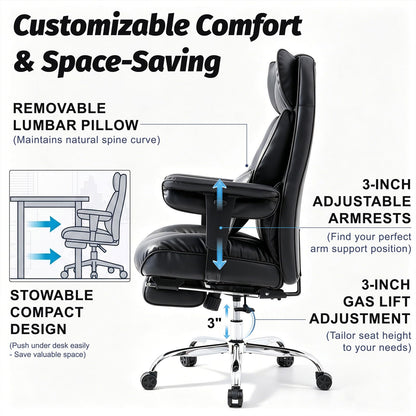 Efomao Big and Tall Office Chair 400lbs - Heavy Duty Reclining Desk Chair with Footrest, Spacious High Back PU Leather Executive Chair, Double-Layer Spring Support, Black