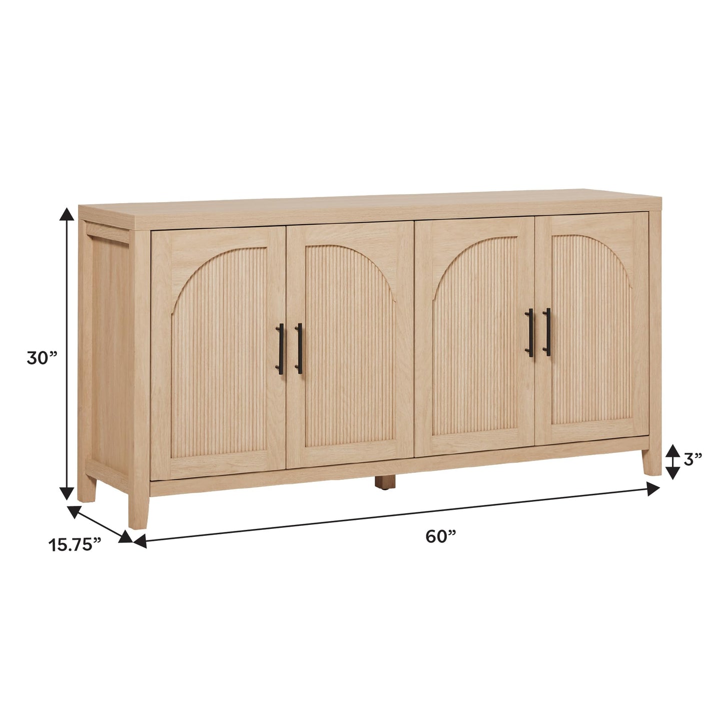 Walker Edison Sasha 4-Door Reeded Sideboard Buffet with Cord Management, 60 Inch, Coastal Oak