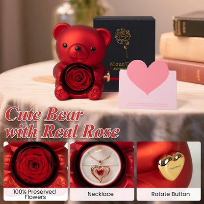mountova Romantic Teddy Bear with Preserved Rose, Real Rose in Elegant Gift Box with Necklace for Women, Bear Roses Gifts for Mother's Day,Weddings,Valentine's Day,Anniversary,Birthday, Red