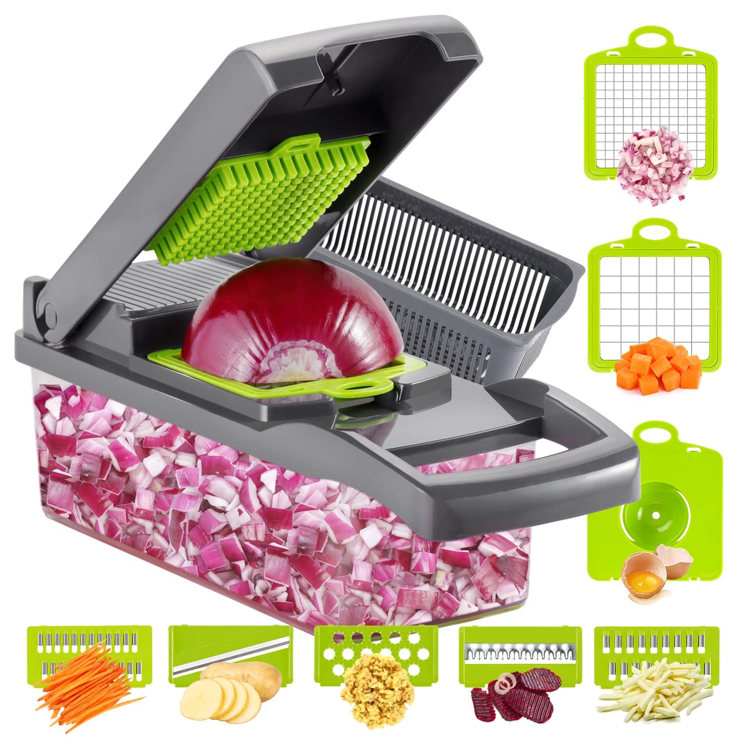 Ourokhome Vegetable Chopper Onion Cutter, 12 in 1 Professional Mandoline Slicer for Kitchen, Multifunctional Food Chopper for Potato, Tomato, Veggie with Strainer Basket, 8 Blades, Gray