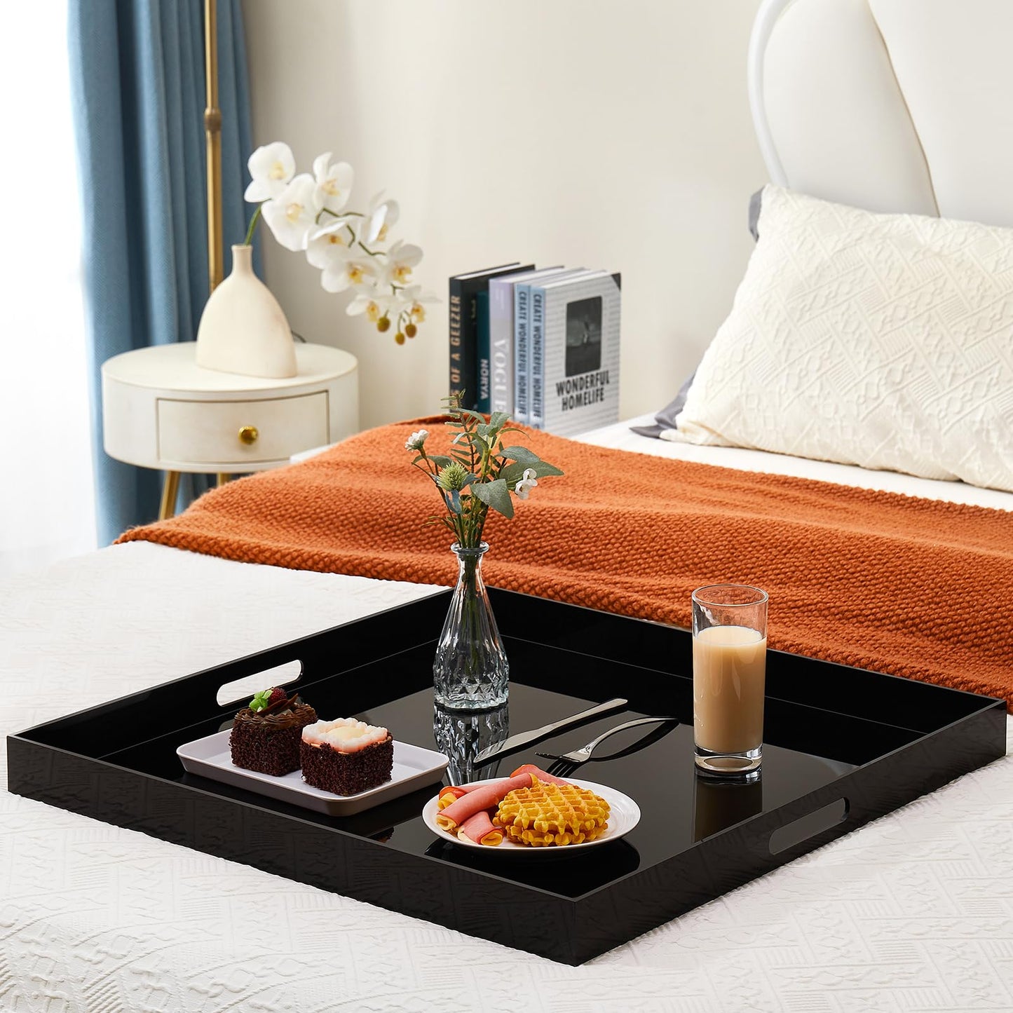 18×18 inches Oversized Black Acrylic Ottoman Tray Extra Large Decorative Tray Spill-Proof Serving Trays with Handles King-Size Safe Edge Organizer for Coffee Table Countertop Breakfast