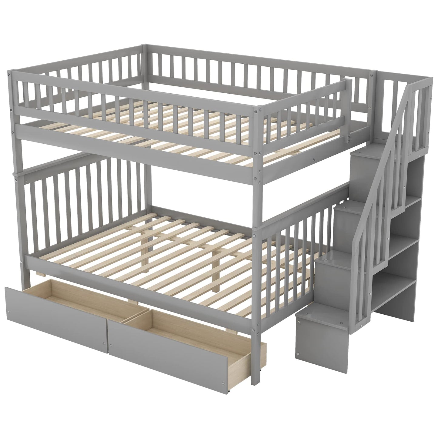 Favfurish Full-Over-Full Bunk Bed with Two Drawers and Storage,Wood Bed-Frame W/High Guardrail & Inclined Handrails,Bedroom Furniture for Children,Teens,Adults,Gray