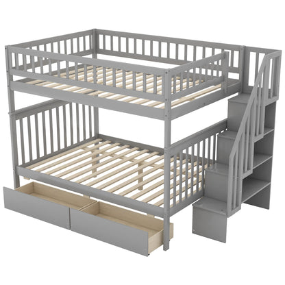 Favfurish Full-Over-Full Bunk Bed with Two Drawers and Storage,Wood Bed-Frame W/High Guardrail & Inclined Handrails,Bedroom Furniture for Children,Teens,Adults,Gray