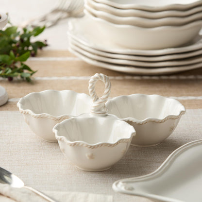 Heritage 3 Section Stoneware Condiment Server with Handle – Divided 8oz Bowls, 9.25" x 9" x 4.75" – Elegant Ivory Dish with Embossed Details, Ideal for Dips, Nuts & Snacks