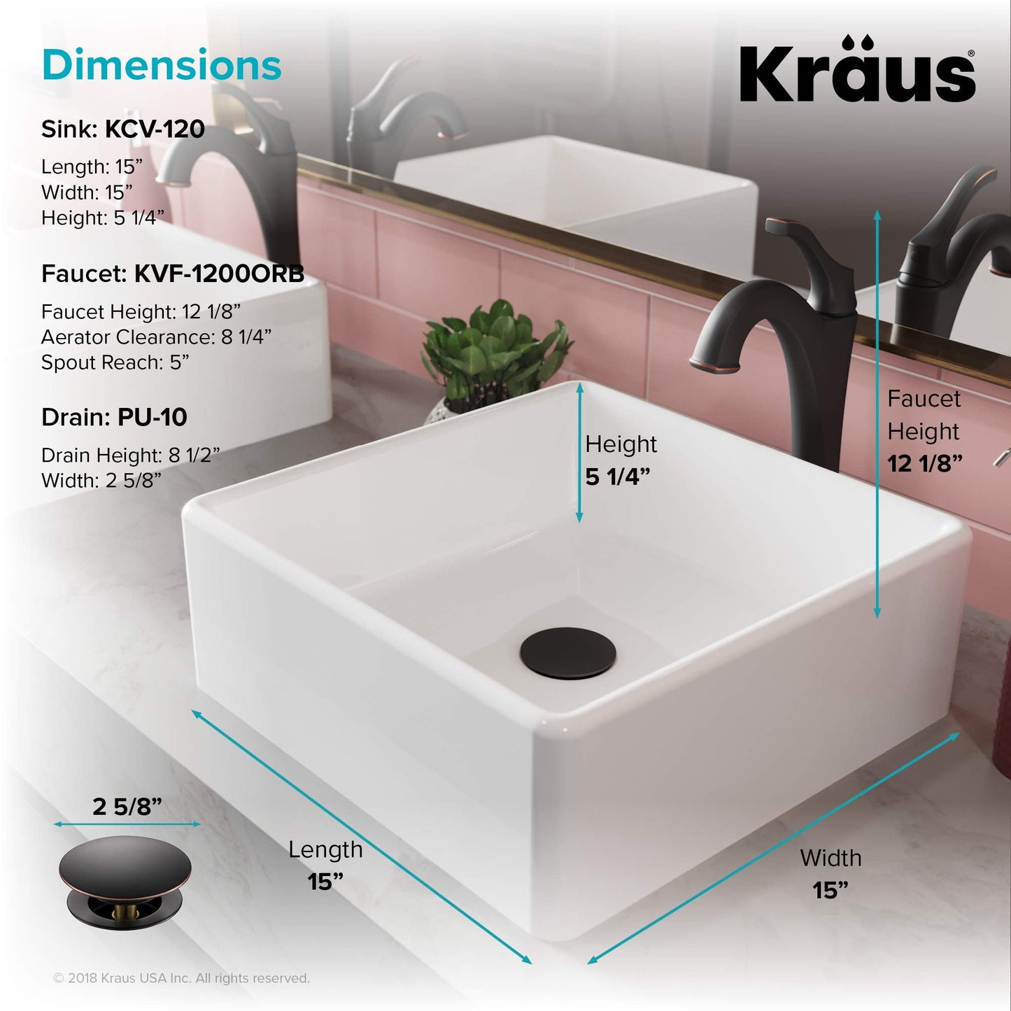 KRAUS Elavo 15-inch Square White Porcelain Ceramic Bathroom Vessel Sink and Arlo Faucet Combo Set with Pop-Up Drain, Oil Rubbed Bronze C-KCV-120-1200ORB