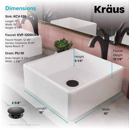 KRAUS Elavo 15-inch Square White Porcelain Ceramic Bathroom Vessel Sink and Arlo Faucet Combo Set with Pop-Up Drain, Oil Rubbed Bronze C-KCV-120-1200ORB