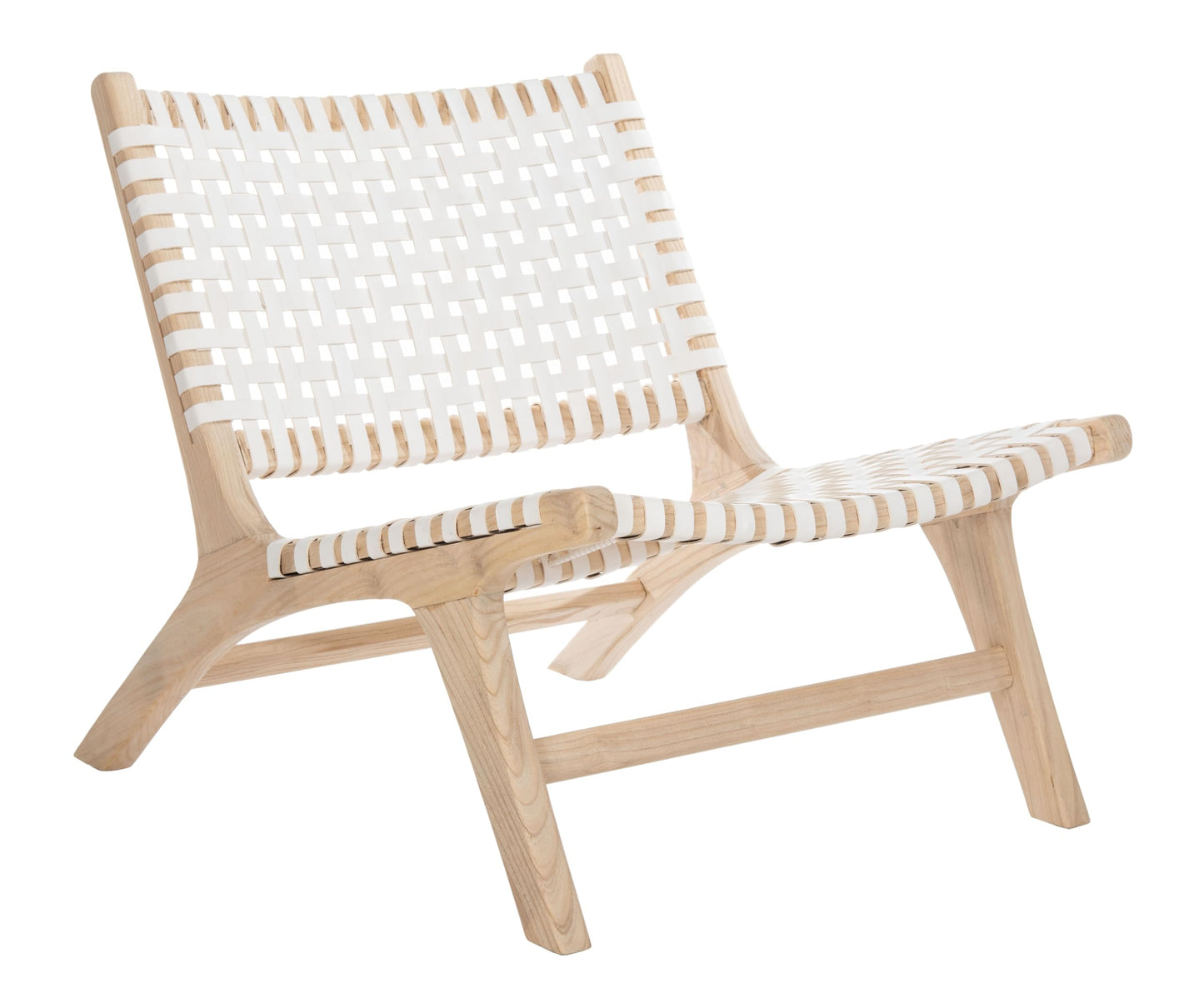 SAFAVIEH Home Collection – Luna Natural Solid Wood & White Leather Woven Accent Chair, Contemporary Lounge Chair, Fully Assembled (ACH1002A)