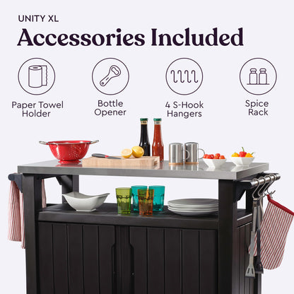 Keter Outdoor Rolling Table Cart for Food Prep, Storage, Bar & Grill, Dark Brown - Portable Kitchen Island Tabletop with Wheels for Drinks, Snacks, and Cooking