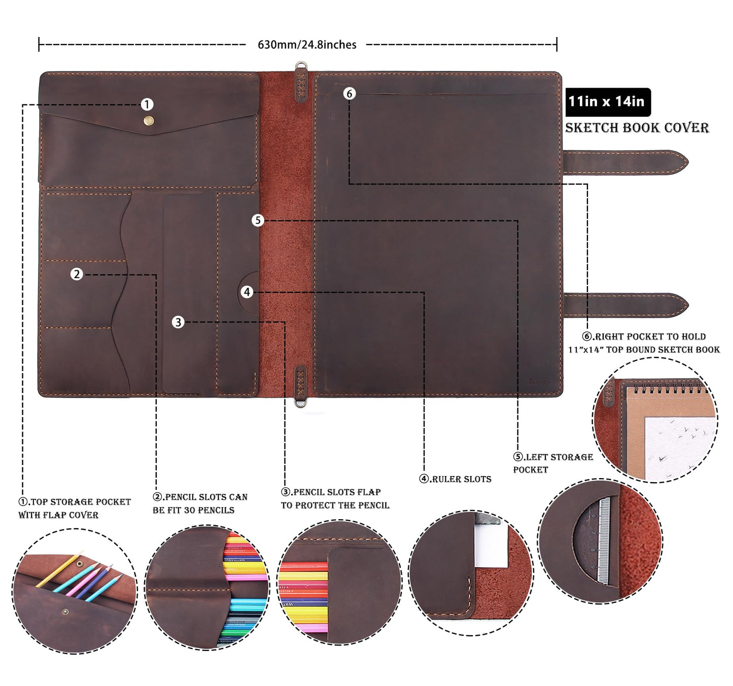 Robrasim Handmade Leather Sketchbook Cover, Artist Sketch Pad Holder for 11"X14" Top Spiral Bound Sketchbook, Drawing Book Pencil Case, Journal Portfolio with Shoulder Strap, Artist Gifts,Coffee