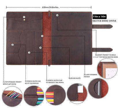Robrasim Handmade Leather Sketchbook Cover, Artist Sketch Pad Holder for 11"X14" Top Spiral Bound Sketchbook, Drawing Book Pencil Case, Journal Portfolio with Shoulder Strap, Artist Gifts,Coffee