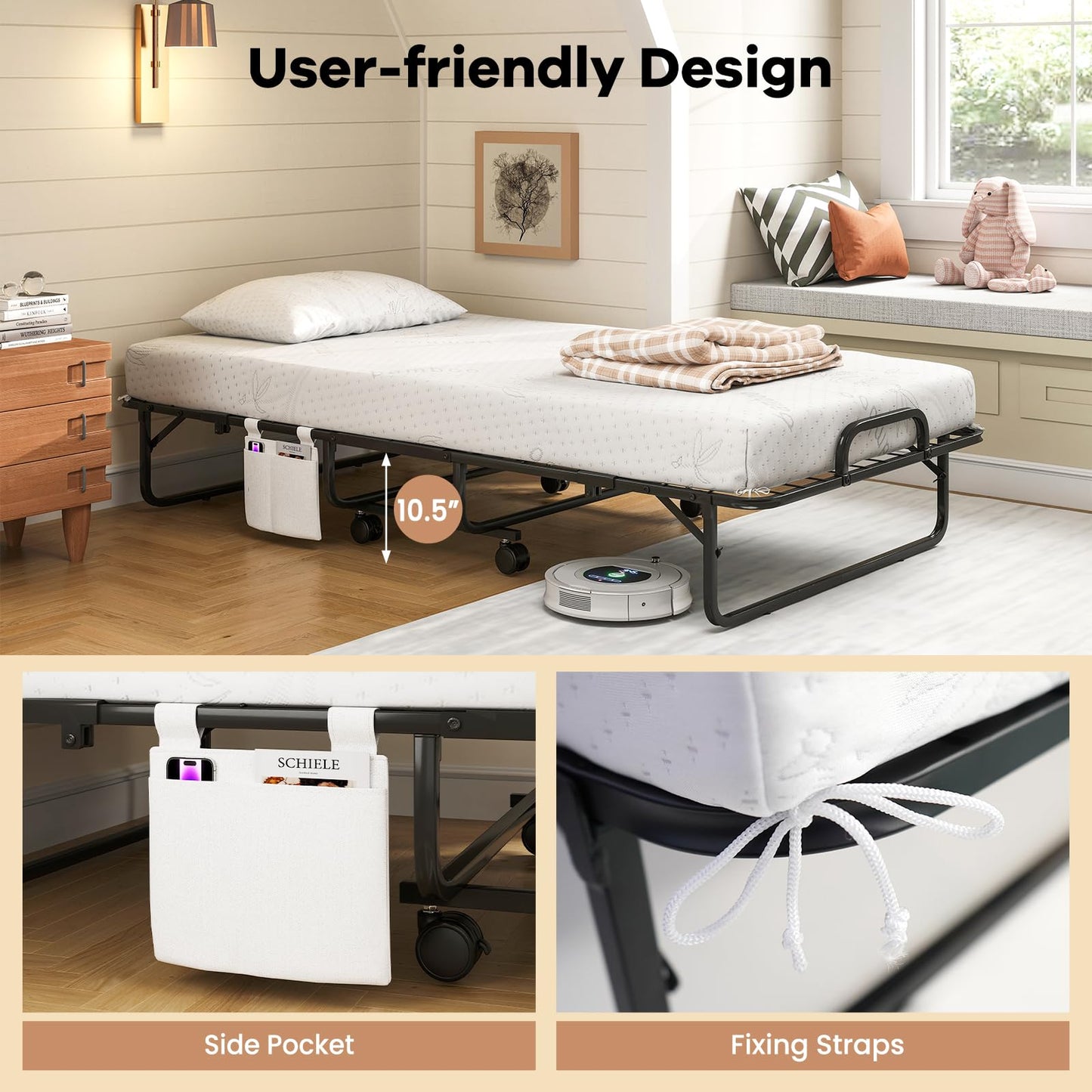 Giantex Twin Folding Bed with 5 Inch Mattress, Rollaway Guest Bed with Top Pillow, Storage Pocket & Metal Frame, Space-Saving Fold up Beds, Portable Roll Away Beds for Adults, 75" x 39"