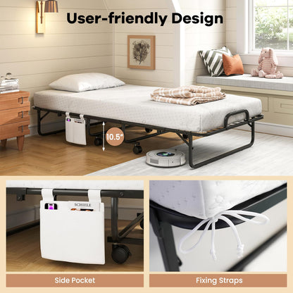 Giantex Twin Folding Bed with 5 Inch Mattress, Rollaway Guest Bed with Top Pillow, Storage Pocket & Metal Frame, Space-Saving Fold up Beds, Portable Roll Away Beds for Adults, 75" x 39"