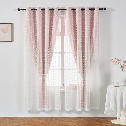 1 72 Inch Pink Blackout Curtain for Girls Bedroom Panel, Double Layered Curtain with Pom Pom White Sheer Overlay, Light