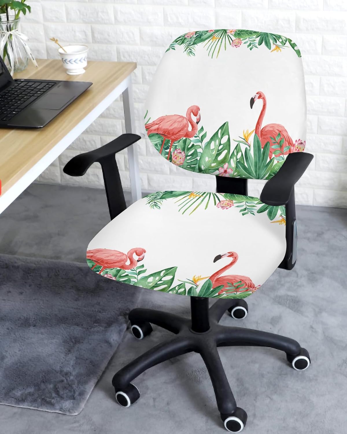 Summer Flamingo Office Chair Cover, Stretchable Computer Chair Seat Cover, Green Botanical Tropical Plants Slipcovers