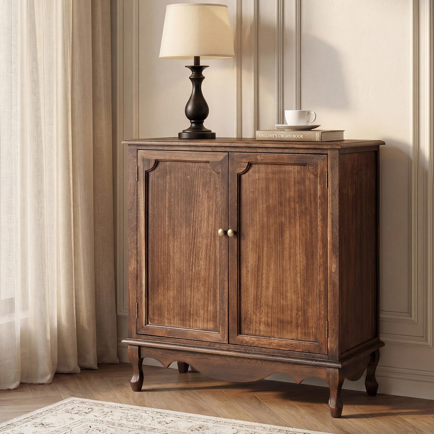 The support you need Solid Wood Sideboard with Adjustable Feet, 2 Shelves Storage Accent Cabinet with Double Doors, Farmhouse Buffet for Living Room, Dining Room & Entryway, Walnut