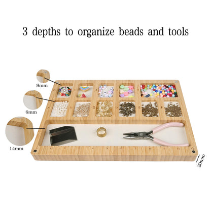 Favonuovy Beads Sorting Tray with Scoop, Magnetic Acrylic Lid, Band and Velvet Padding Bead Boards for Jewelry Bracelet Making Wood Beading Mat Engraved with 11in Ruler, 12 Compartments and Letter A-K