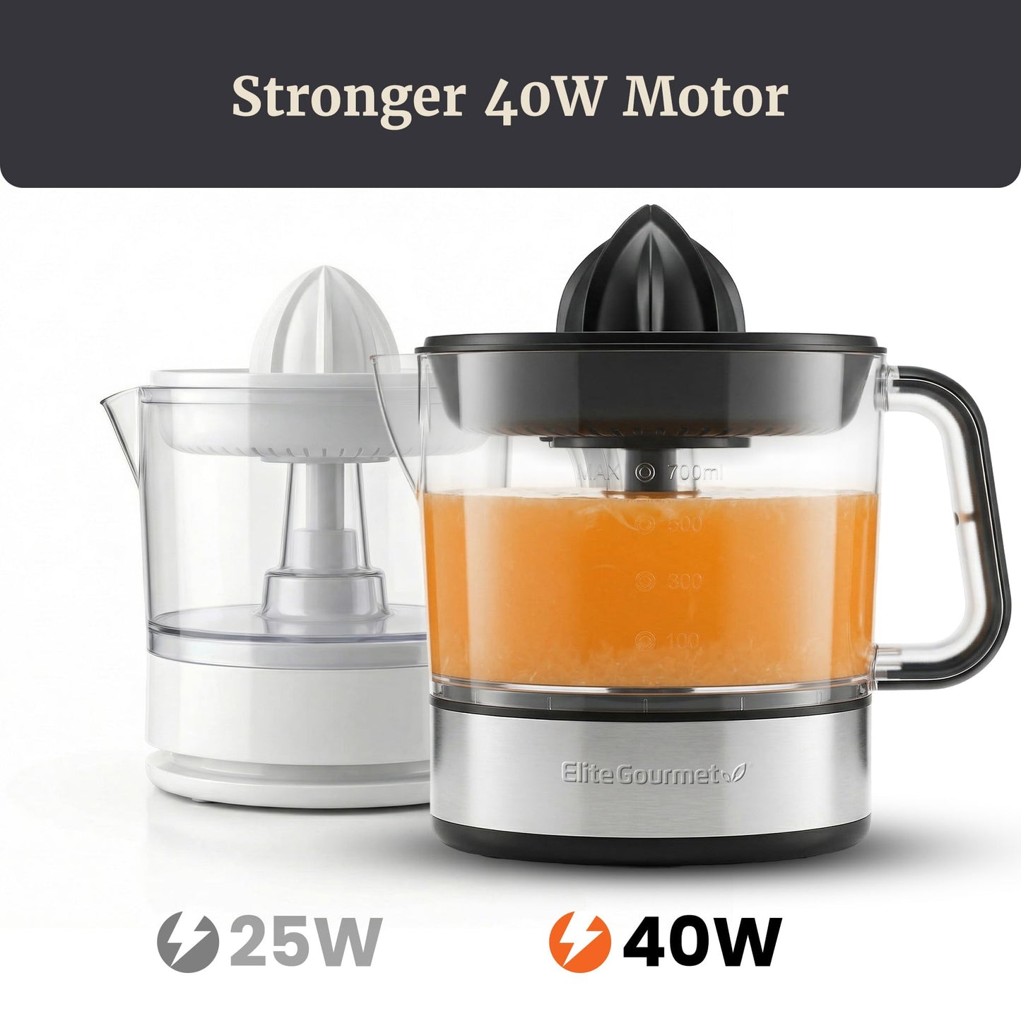 Elite Gourmet ETS326 BPA-Free 40-Watt Electric Citrus Juicer, Compact, Large Volume, Pulp Control, Oranges, Lemons, Limes, Grapefruits with Easy Pour Spout, 24oz, Black/Stainless Steel