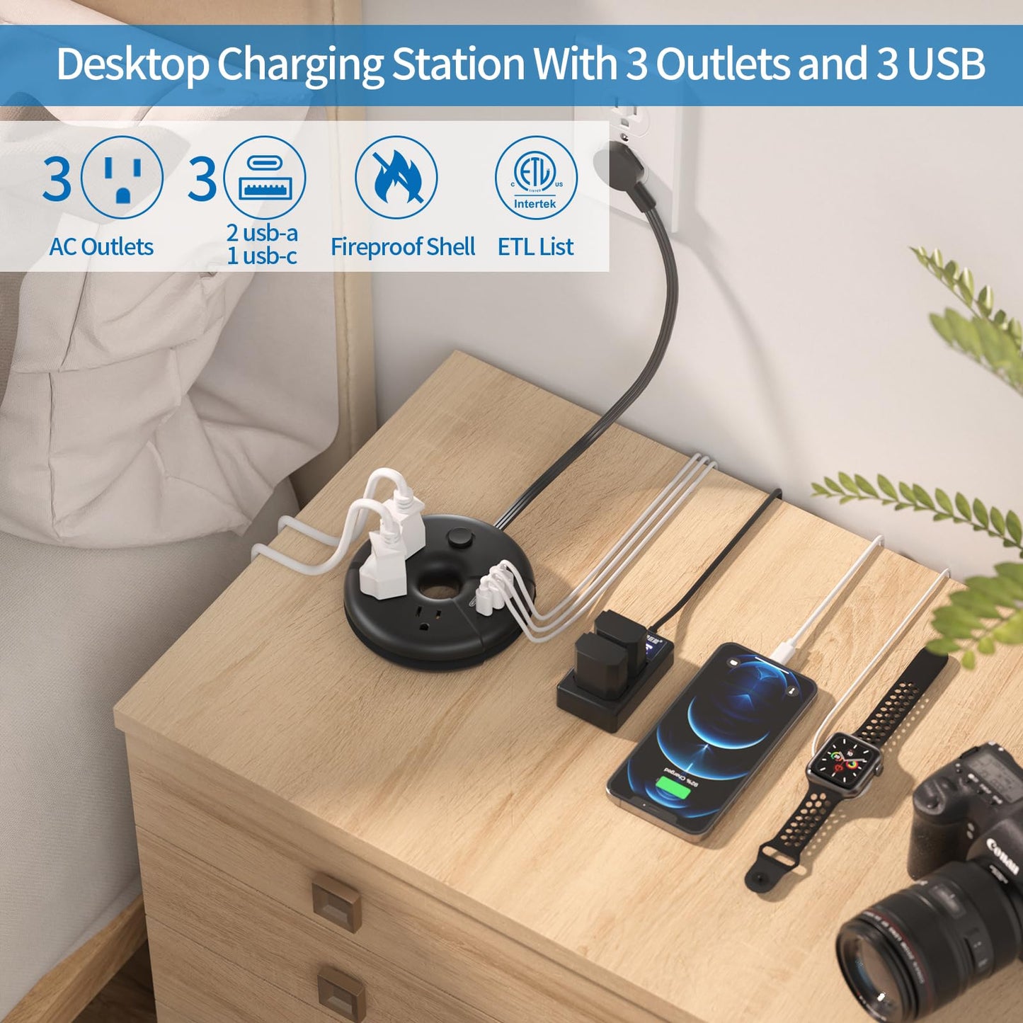 i Donut Travel Power Strip, NTONPOWER Portable Desktop Charging Station 3 USB Without Surge Protector Short Extension Cord 3.28ft Compact for Home, Office, Cruise Ships, Business Trip, Hotels, Black