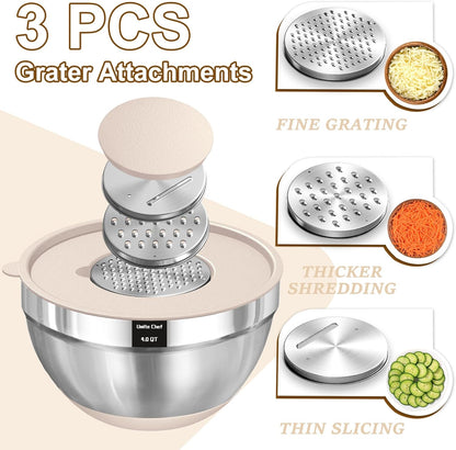 Umite Chef Mixing Bowls Set - 8PCS Stainless Steel Nesting Bowls with Airtight Lids & Grater | Non-Slip Bottoms, Khaki, 1.5QT to 5QT