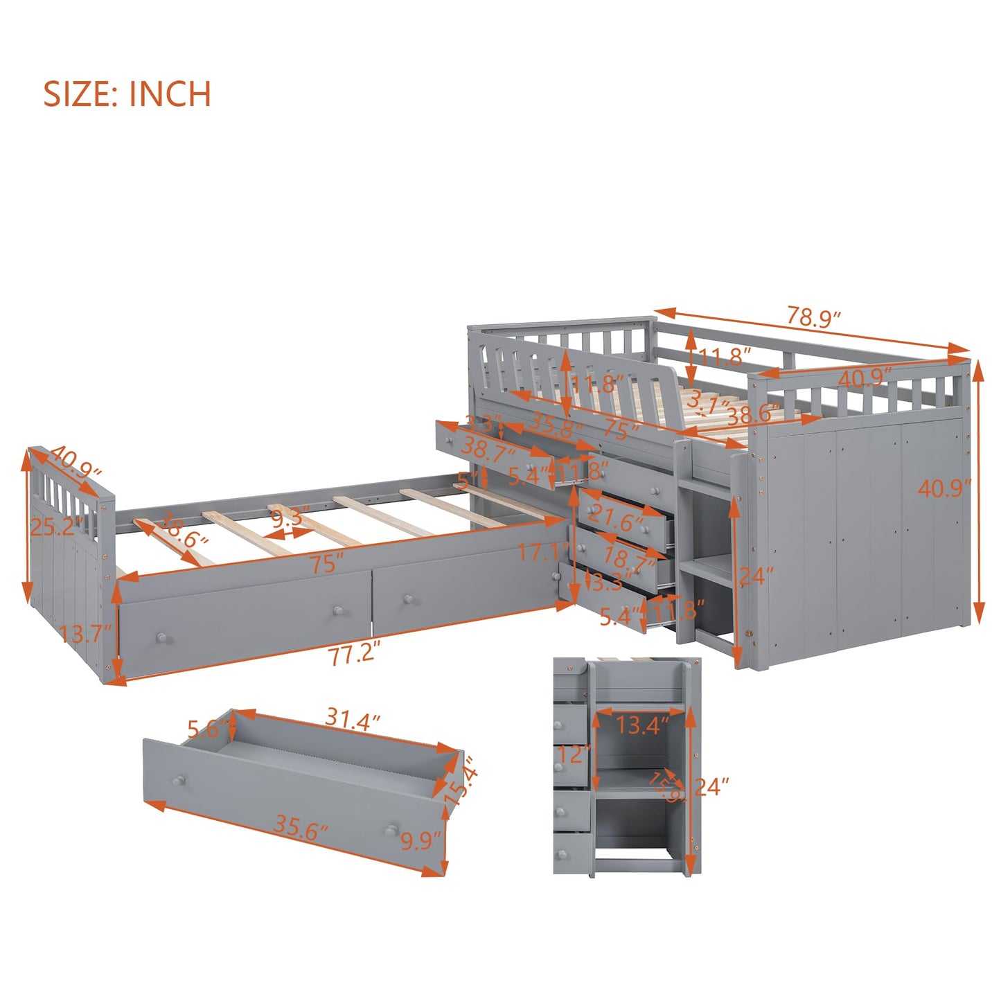 Merax L-Shaped Space-Saving Twin Loft and Twin Platform Bed with 7 Storage Drawers and Full Guardrails, Solid Wooden Bedframe for Boys Girls Adult, No Spring Box Needed, Grey