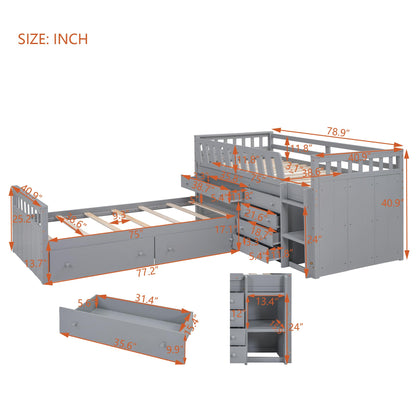 Merax L-Shaped Space-Saving Twin Loft and Twin Platform Bed with 7 Storage Drawers and Full Guardrails, Solid Wooden Bedframe for Boys Girls Adult, No Spring Box Needed, Grey