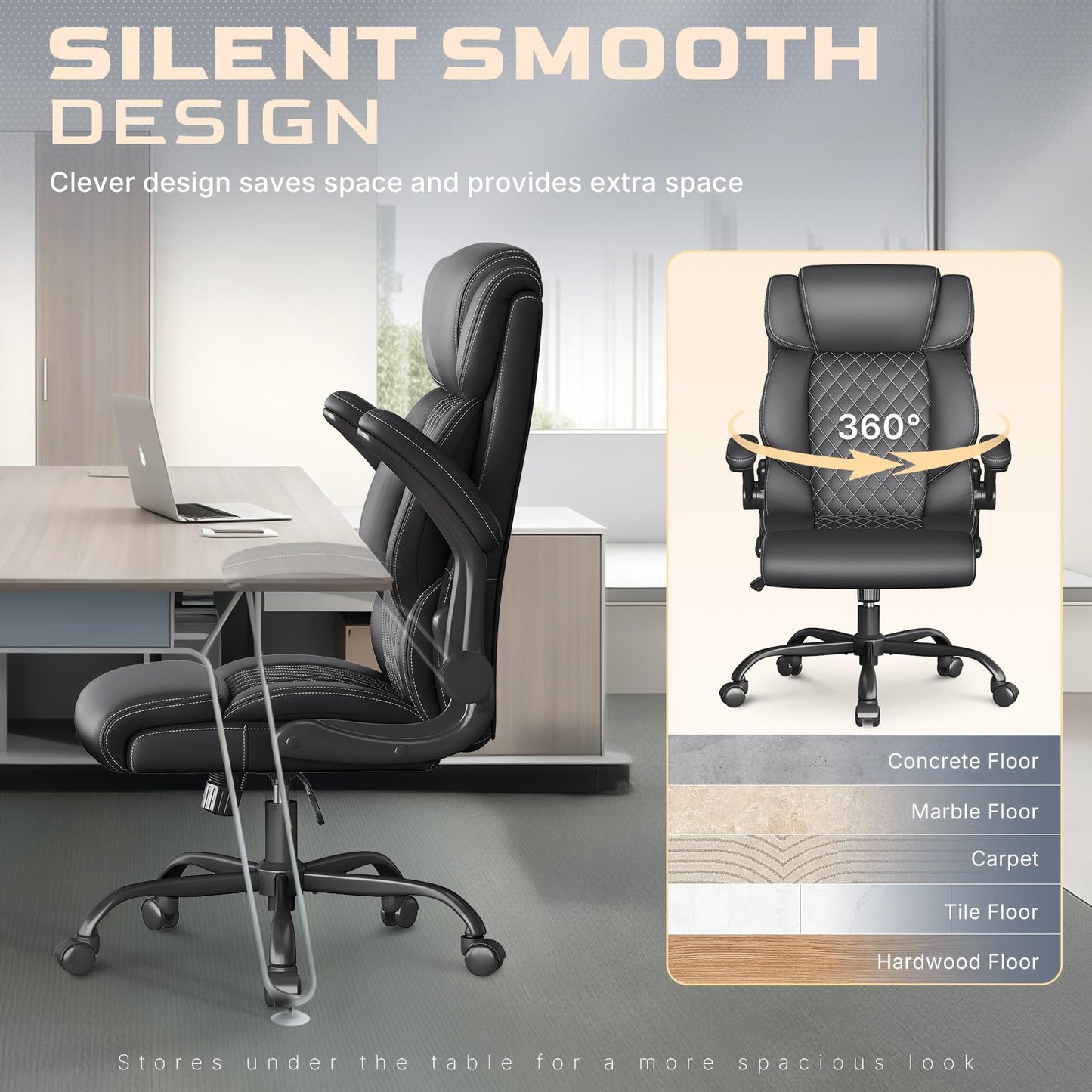 Office Chair-Executive High Back Breathable Comfy Desk Chair with Flip-up Armrests Lumbar Support-Ergonomic Leather Rolling Swivel Chair with Rock Function for Working,2 Pack