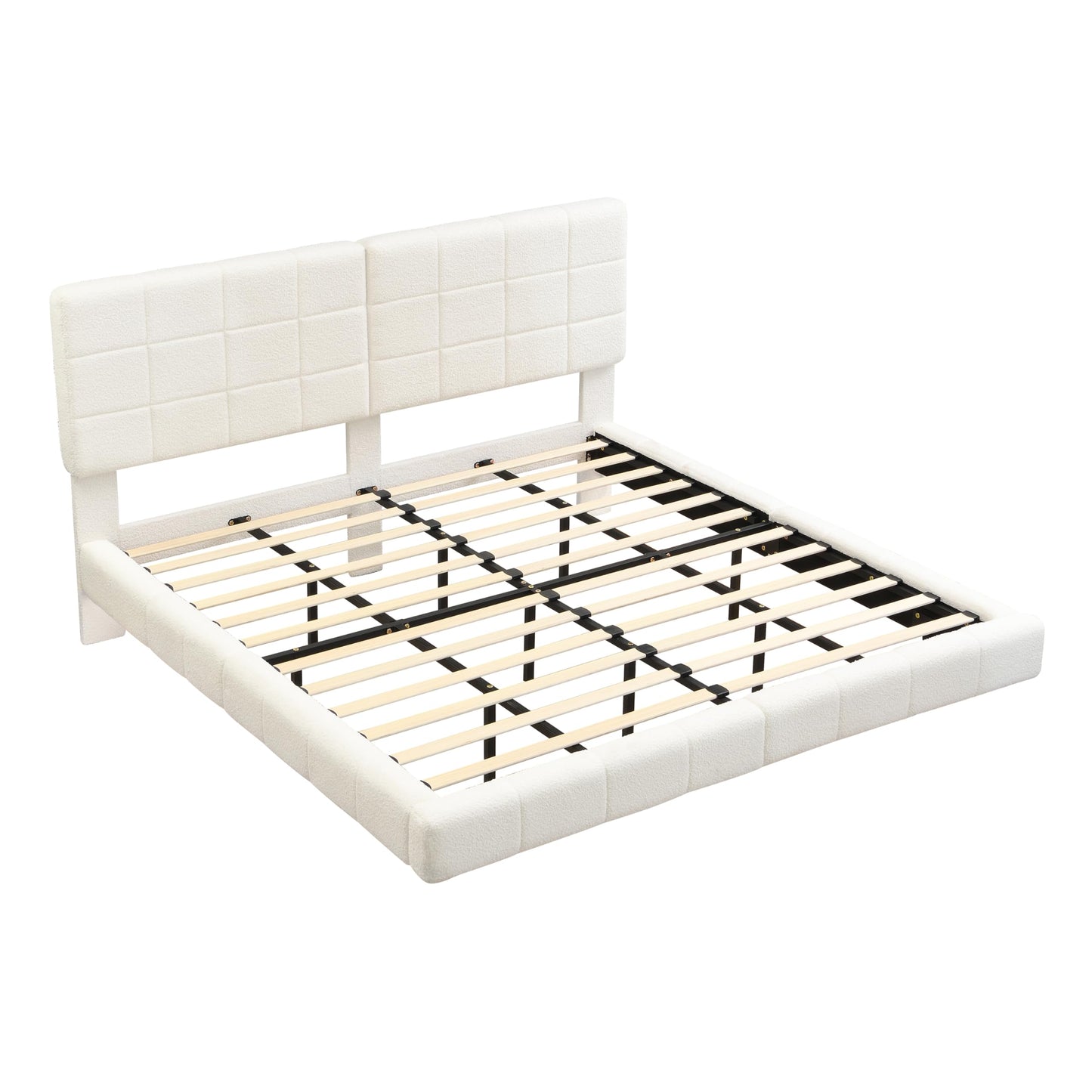 Merax King Size White Boucle Upholstered Platform Bed with Tall Headboard, Modern Floating Bed Frame with LED Lights for Bedroom, Solid Wood Slats Support, No Box Spring Needed, Easy Assembly