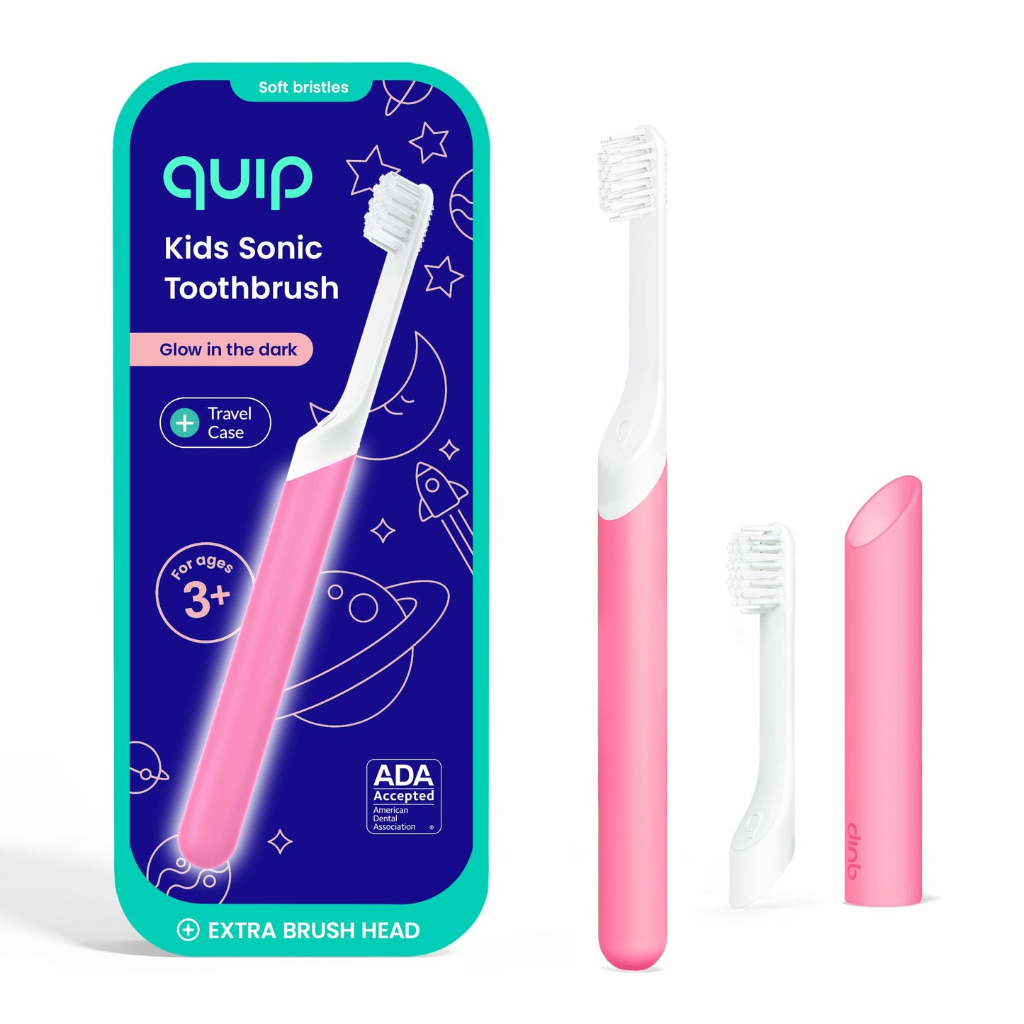 Quip Sonic Toothbrush for Kids with Timer - Includes Extra Brush Head and Travel Cover Mount - Electric, Soft Bristle Refill Head, Rubber Handle, 3 Month Battery Life - Travel Toothbrush - Blue