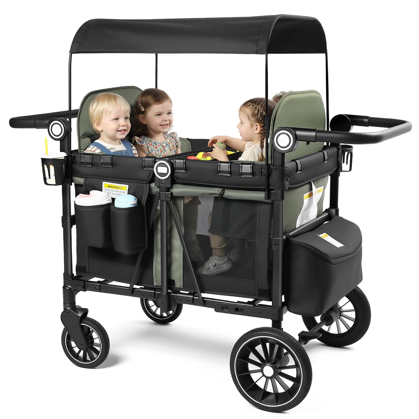 Kinder King Wagon Stroller for 4 Kids, All-Terrain Foldable Outdoor Stroller Wagon 4 Seater, Removable Canopy, Adjustable Handle, Detachable Tray, Large Storage, Green