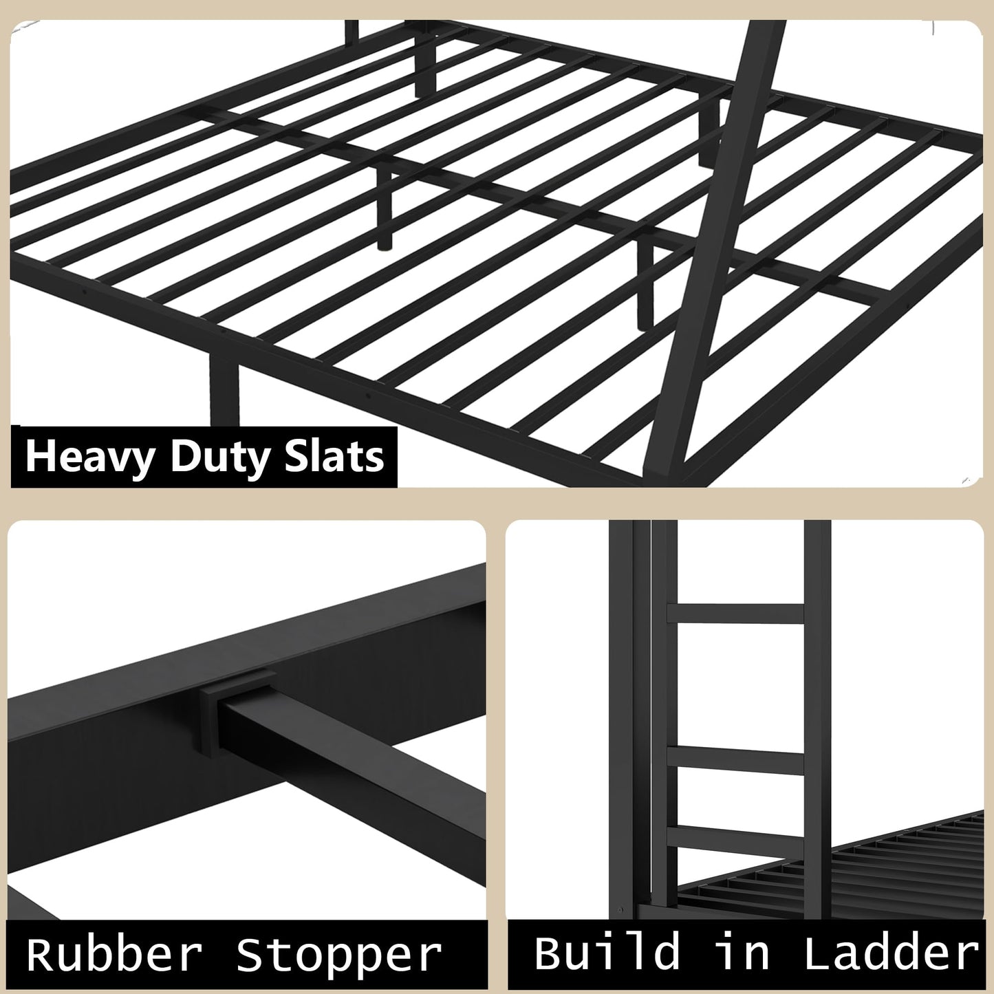 Bellemave Queen Over King Bunk Bed for Adults, Queen Over King Bunk Beds Frame with 2 Side Ladder and Full Length Guardrail, Easy Assemble Bunkbeds, Noise Reduced, Mattress Not Included, Black