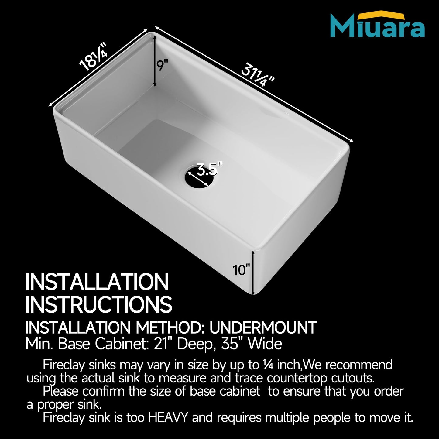 Miuara White Farmhouse Workstation Sink 31 Inch - Fireclay Apron Front Kitchen Sink Reversible 31"x18"x10", Farm House Style, Heavy Duty Deep Single Bowl, Undermount Installation, for Kitchen
