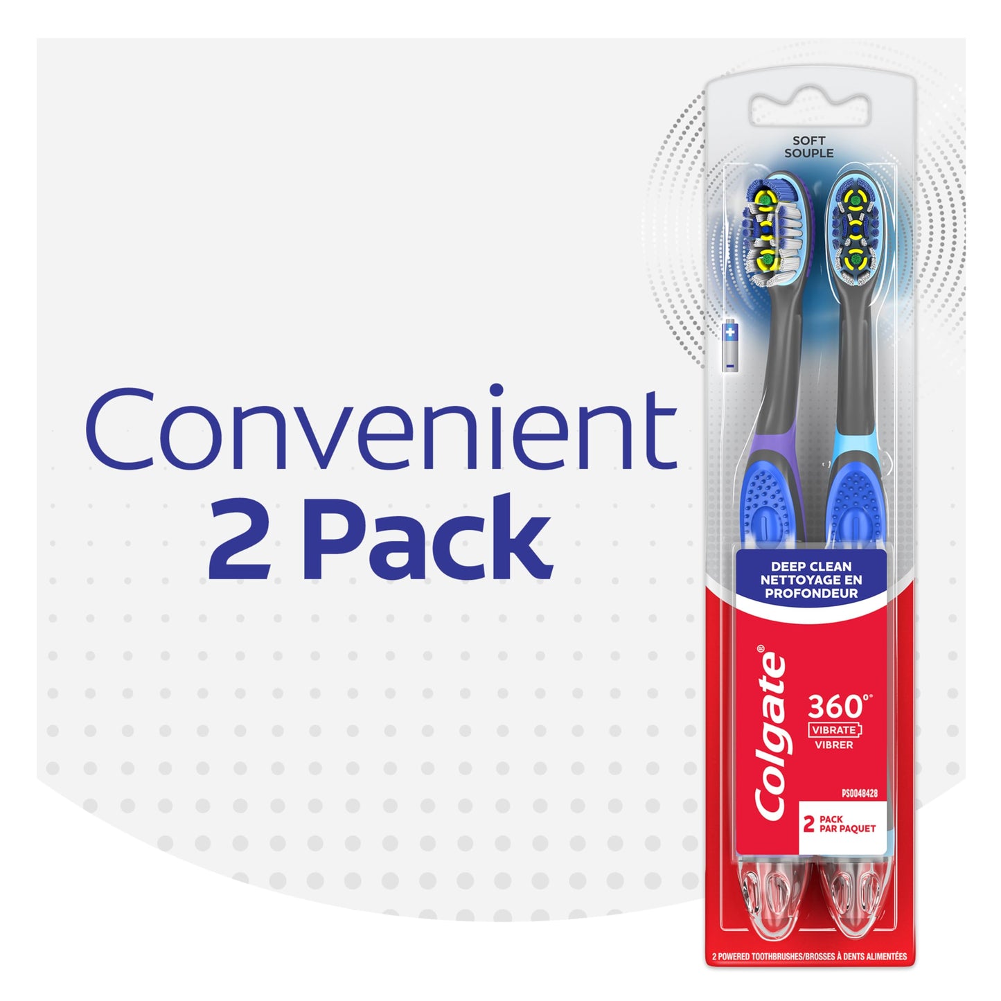 Colgate 360 Vibrate Charcoal Battery Operated Toothbrush Pack, Soft with 1 AAA Battery Included, Black, 2 Count