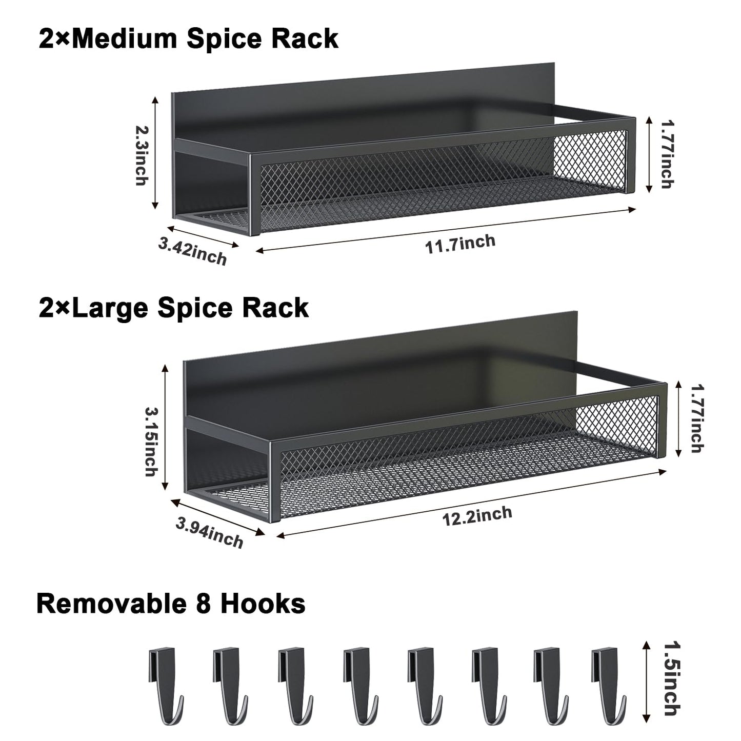 Magnetic Spice Rack for Refrigerator, 4 Pack Magnetic Shelf, Fridge Magnet Organizer with Moveable 8 Hooks, Magnetic Fridge Shelf for Kitchen Organization and Storage (4 Pack)