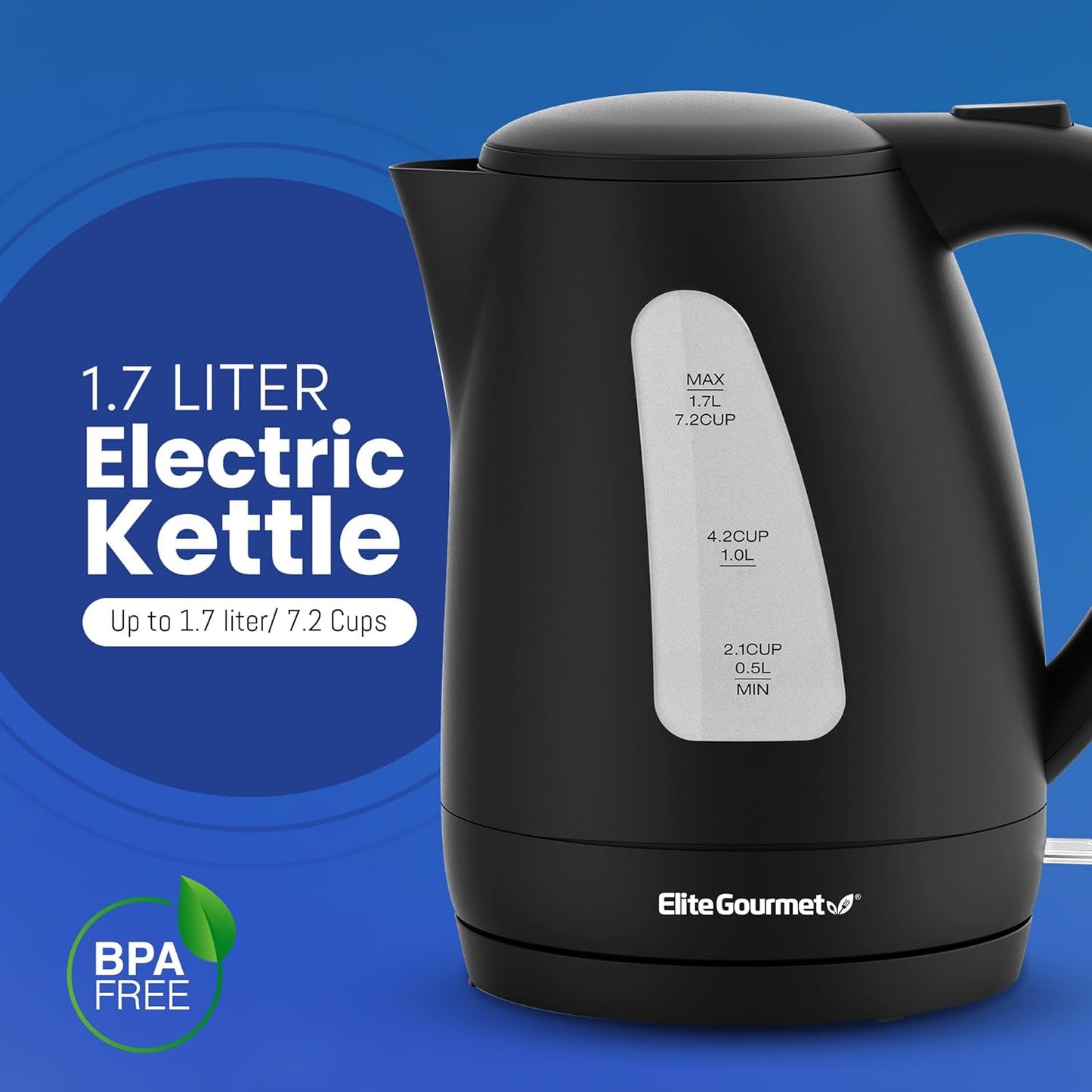 Elite Gourmet EKT8690 1.7L Electric Tea Kettle, 1500W Hot Water Heater, BPA-Free, Fast Boil, Black