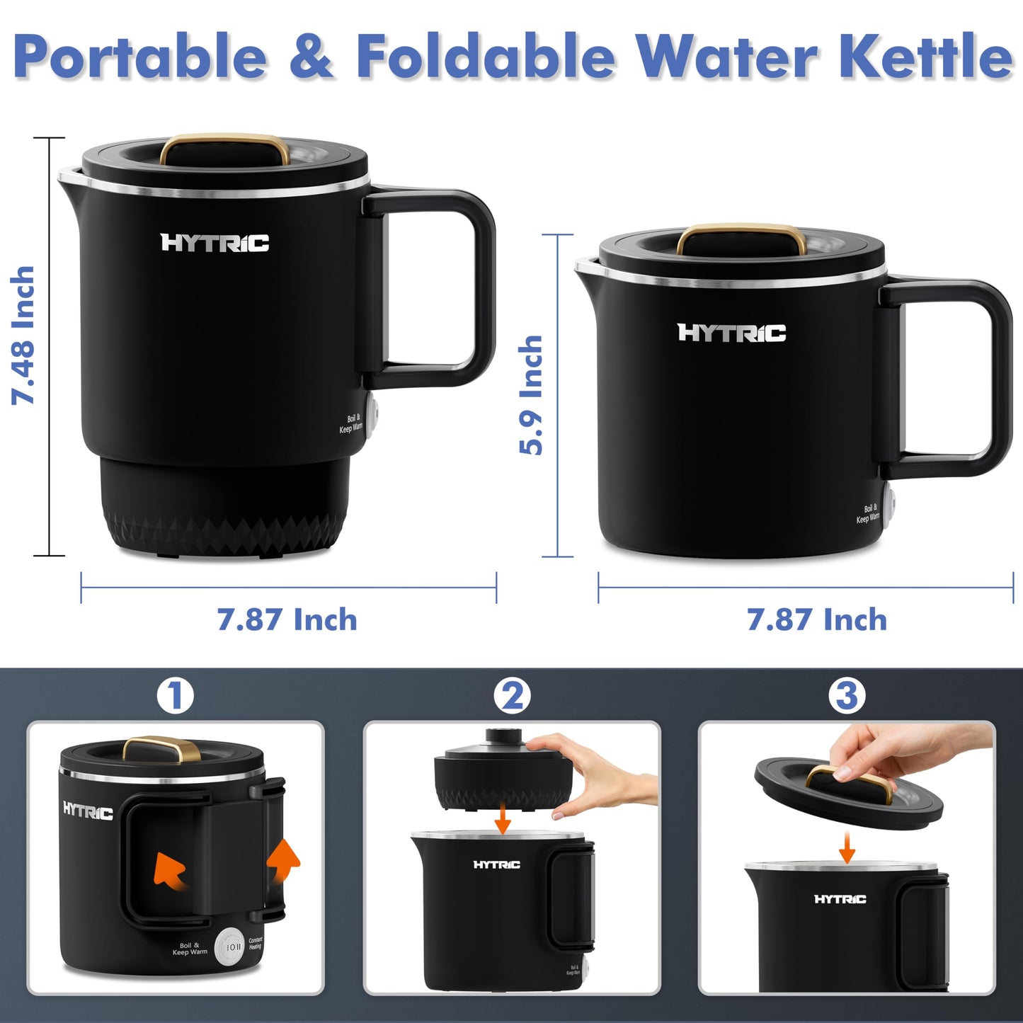 HYTRIC Travel Electric Kettle, 650ML Foldable Small Electric Kettle, Stainless Steel Portable Kettle with Dual Power Control, Collapsible Small Kettle Electric, Auto Shutoff & Boil Dry Protection