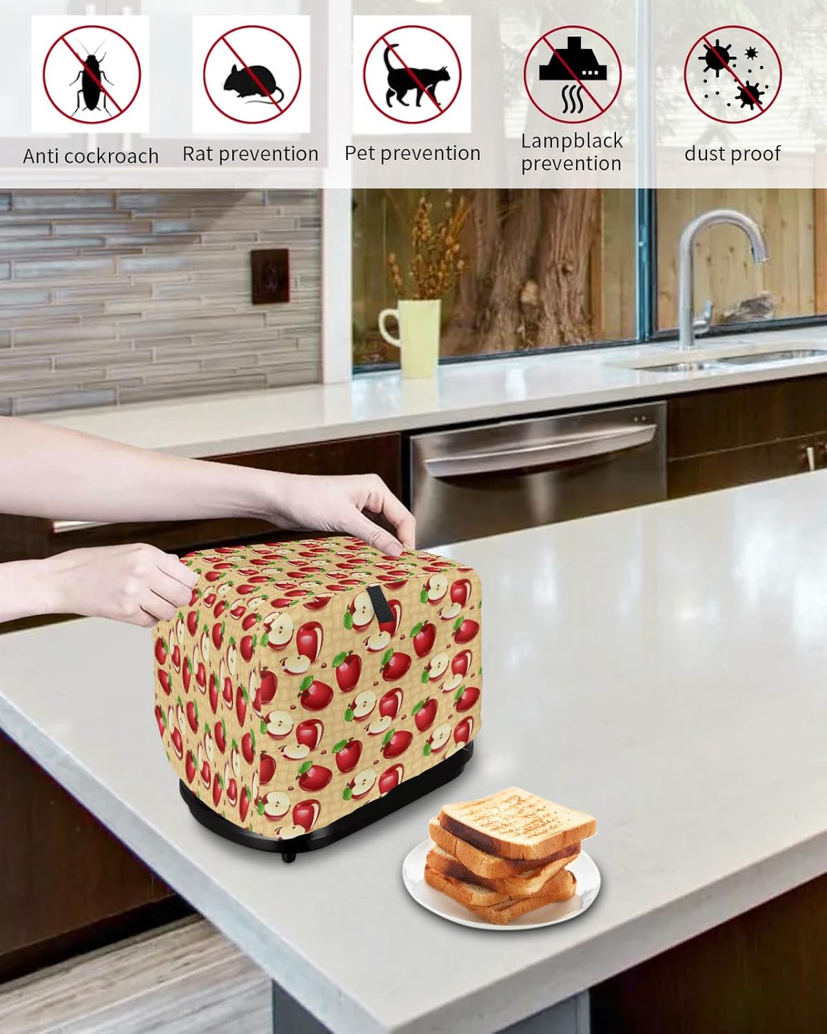 Toaster Dust Cover with Pockets, Red Sliced Apples & Green Leaves, Soft Washable 4 Slice Cover for Fingerprint