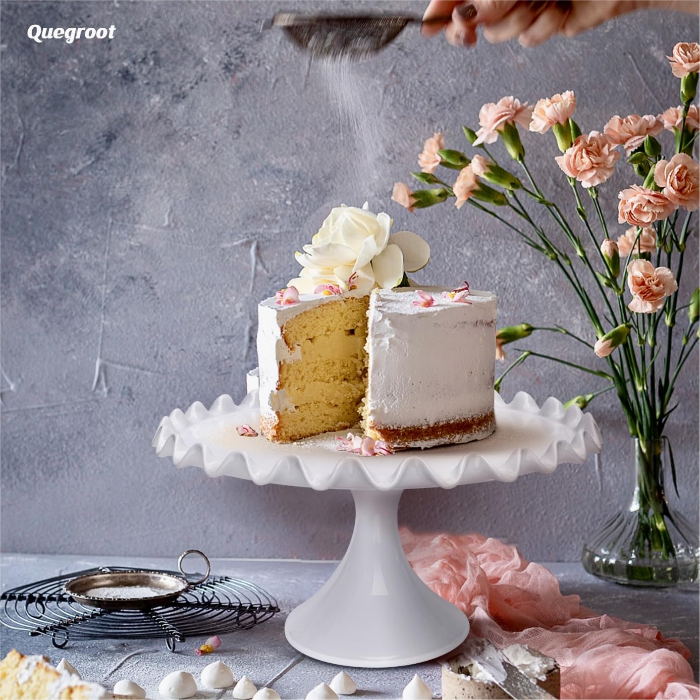 Quegroot 12-Inch Porcelain Round Cake Stand - White Dessert Stand for Wedding, Birthday Party