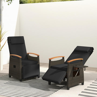 RELAX4LIFE Rattan Outdoor Recliner Chair - Wicker Chaise Lounge Chair w/Adjustable Back & Footrest, Acacia Wood Armrests, Flip Side Table, Cushion, Reclining Patio Chair for Pool Yard (2, Black)
