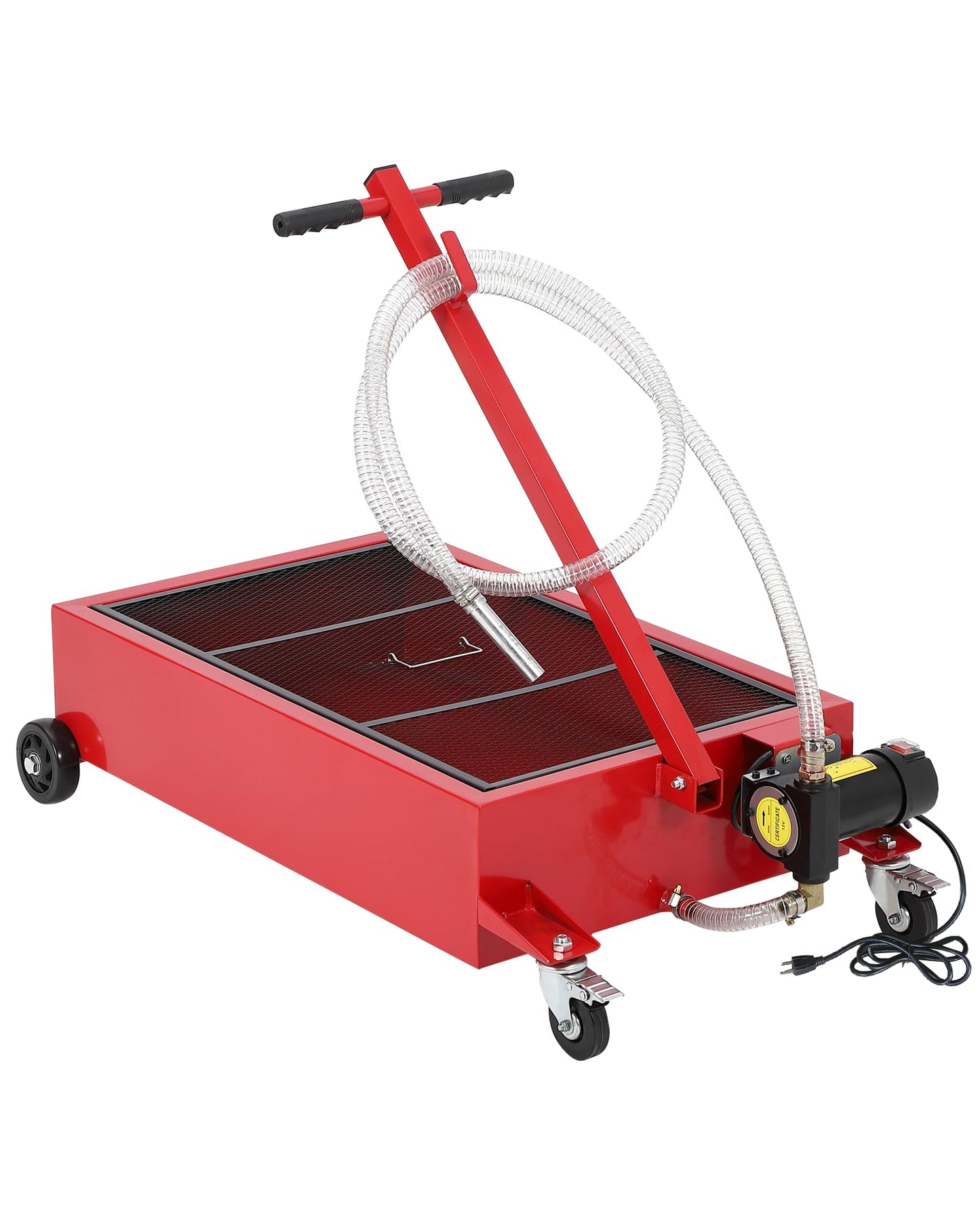 GarveeTech Low Profile Oil Drain Pan 110V, 20 gal Metal Oil Change Pan Cart with 180W Electric Pump, 8 ft Hose & Folding Handle for Cars, SUVs, Trucks, Buses, RVs, Red