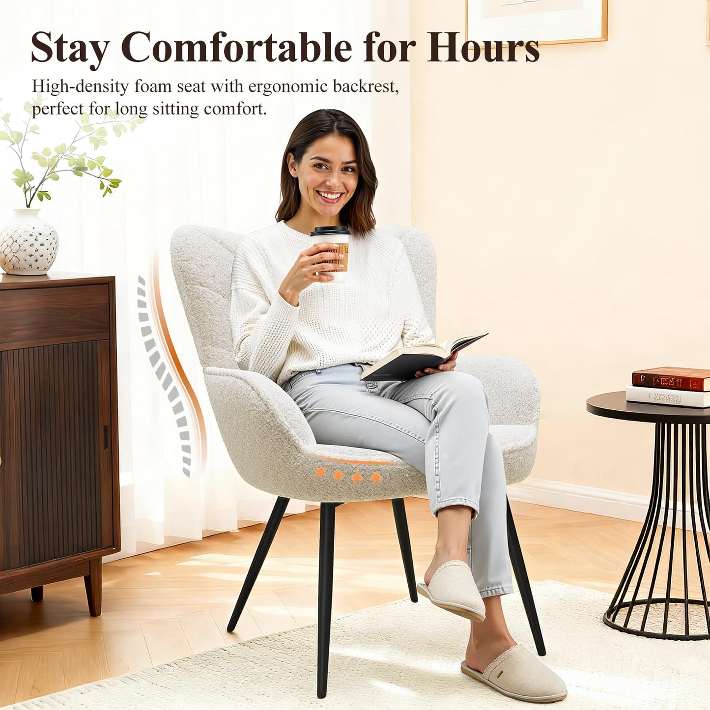 MALOL Mid-Century Modern Beige Sherpa Accent Chair, Upholstered Armchair for Living Room/Bedroom/Reading Corner, Curved Back & Padded Seat, High-Density Cushion, Soft Cozy Fabric,Set of 2