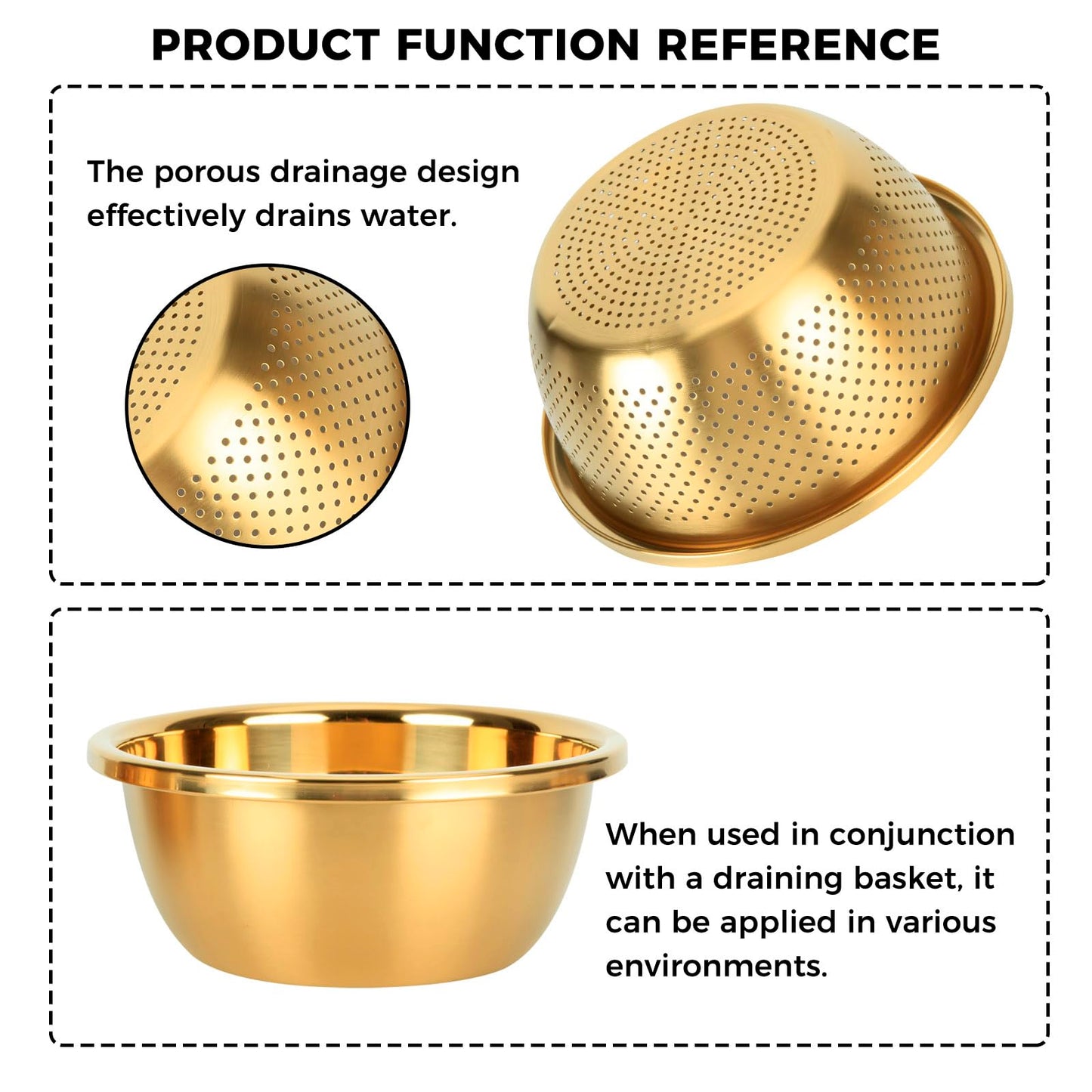 Snailhouse Colander with Mixing Bowl, 2QT 304 Stainless Steel Kitchen Rice Pasta Strainer for Washing Vegetables and Fruit, Gold