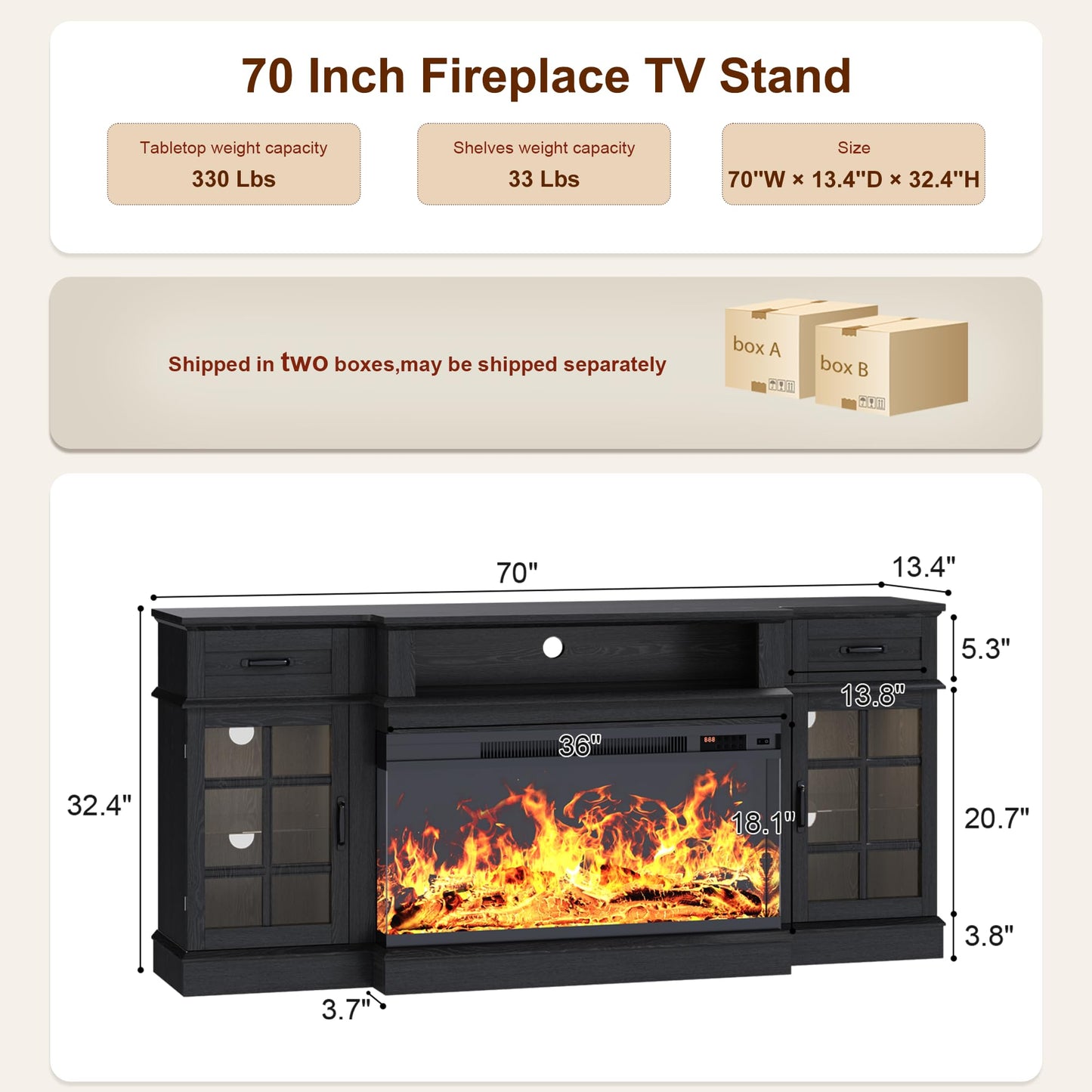 MXV 70" Fireplace TV Stand, 3-Sided Glass Fireplace and Modern Entertainment Center, Wooden Media Console with Glass Doors & Storage Drawers, LED Light, for Living Room, Black