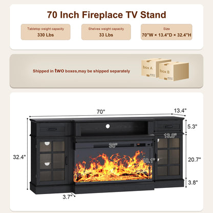 MXV 70" Fireplace TV Stand, 3-Sided Glass Fireplace and Modern Entertainment Center, Wooden Media Console with Glass Doors & Storage Drawers, LED Light, for Living Room, Black