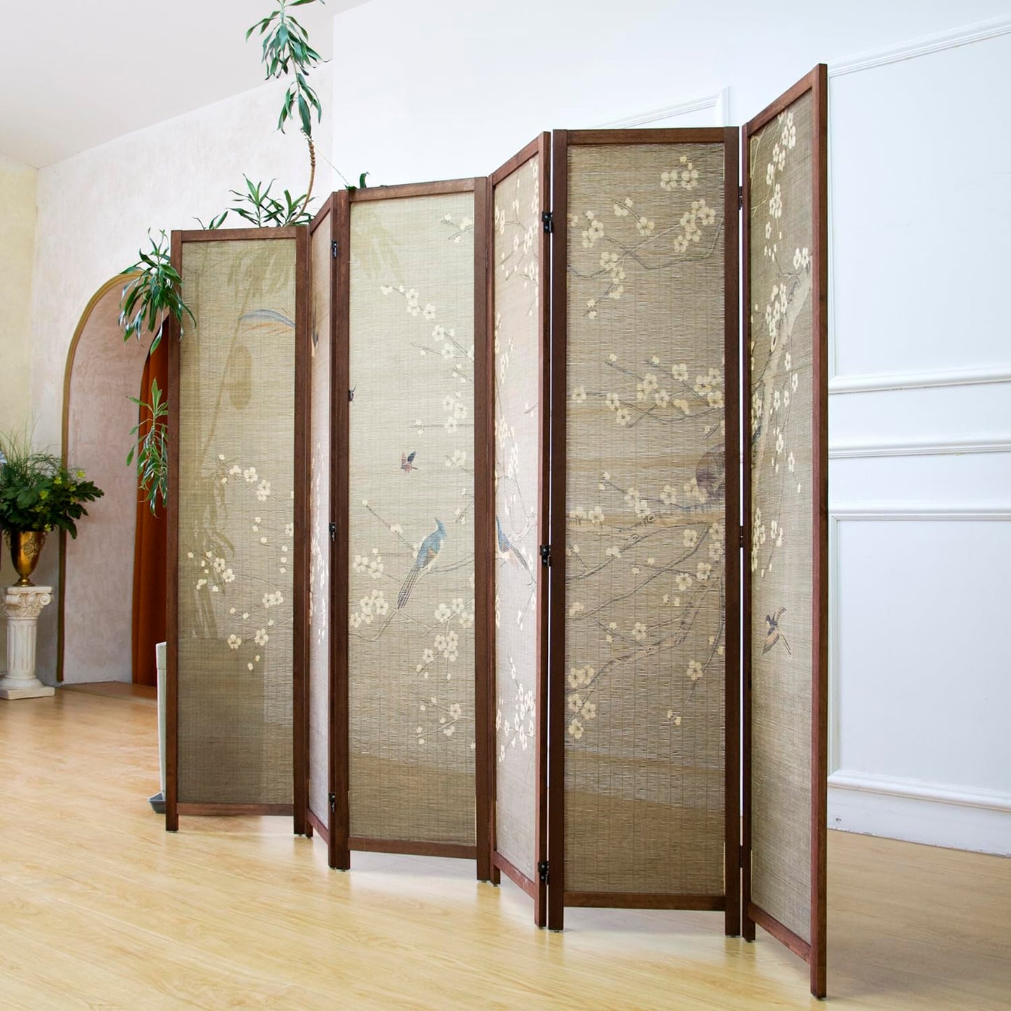 Furnnylane 6 Panel Bamboo Room Divider for Room Separation, 5.6 ft Tall Double-Sided Folding Privacy Screen with Premium Thickened Wood Frame, White Plum and Birds (67" H x 94.5" W)