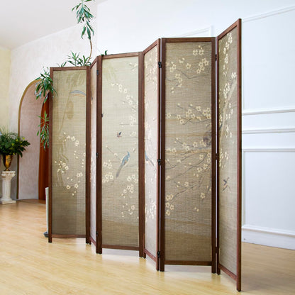 Furnnylane 6 Panel Bamboo Room Divider for Room Separation, 5.6 ft Tall Double-Sided Folding Privacy Screen with Premium Thickened Wood Frame, White Plum and Birds (67" H x 94.5" W)