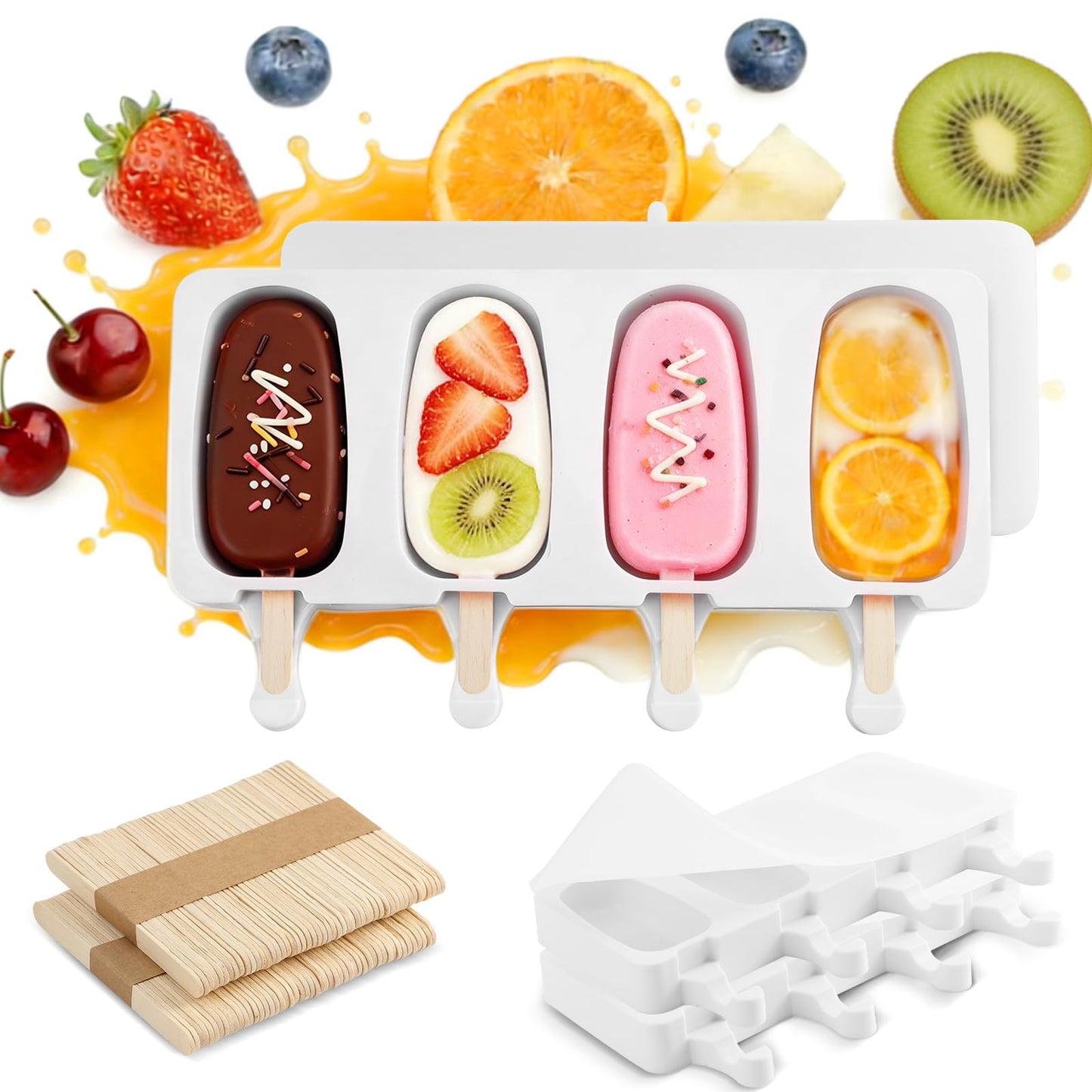 3 Set Popsicles Molds with Lids, Large Cake Pop Mold Cakesicle Mold 4 Cavities with 100 Wooden Sticks, Silicone Reusable Ice Pop Molds for Cake Pops, Ice Pops, Cakesicles, Ice Cream, White